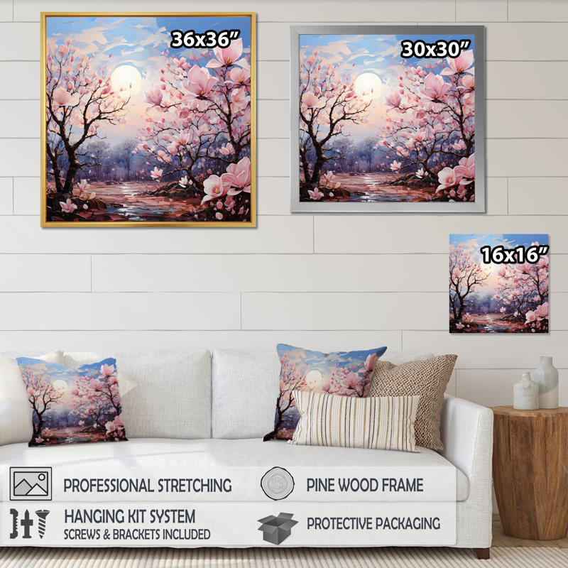 Motif de pointillisme rose et bleu sur fond de magnolia, H 16 po x l 16 po x P 1 po, Cadre flottant noir