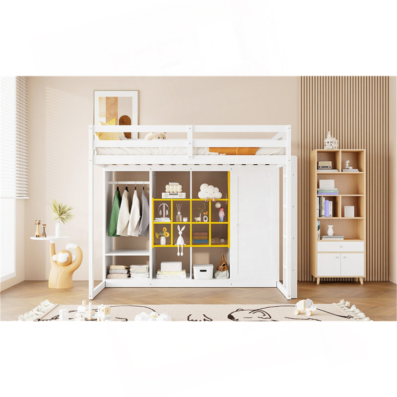 Lit mezzanine simple en bois avec garde-robe, tablettes et armoire, Jaune / Blanc, Lit simple