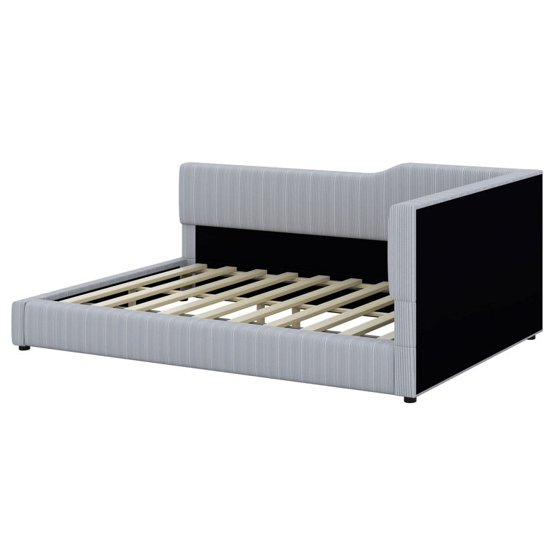 Structure de lit tapissier en velours côtelé avec dossier confortable et accoudoirs, lit de jour en forme de L, Double, Gris