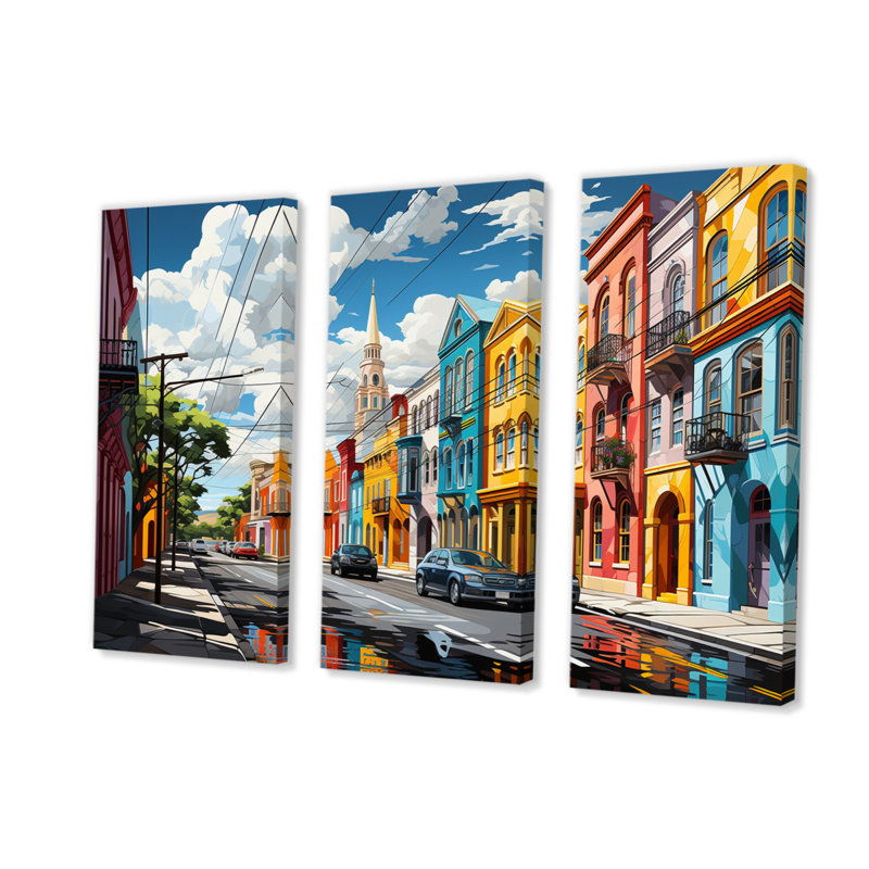 City Charleston Popart II sur toile, reproduction de 3 pièces, H 28 po x l 36 po x P 1 po
