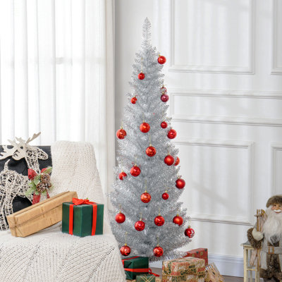 5' Artificial Pencil Christmas Tree, Slim Xmas Tree With 294 Realistic Branch Tips And Plastic Stand
