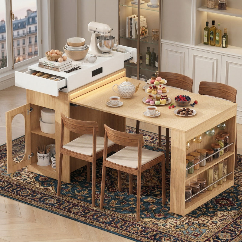 This Warm And Inviting Kitchen And Dining Set Features A Combination Of Natural Wood Tones And Creamy White, Including An Extendable Dining Table, A Folding Bar Counter, An Island With Power Outlets, And A Side Cabinet. It Is Practical, Aesthetically Ple