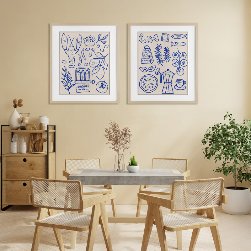 Ensemble de 2 reproductions encadrées sous-verre de cuisine méditerranéenne, par Camila Juncos, H 21 po x l 17 po