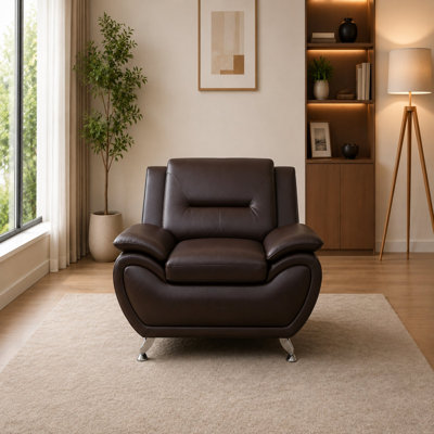 Faux Leather Single Sofa Chair, Modern Club Chair with Deep Seat & Tufted Design for Living Room and Bedroom, Coffee