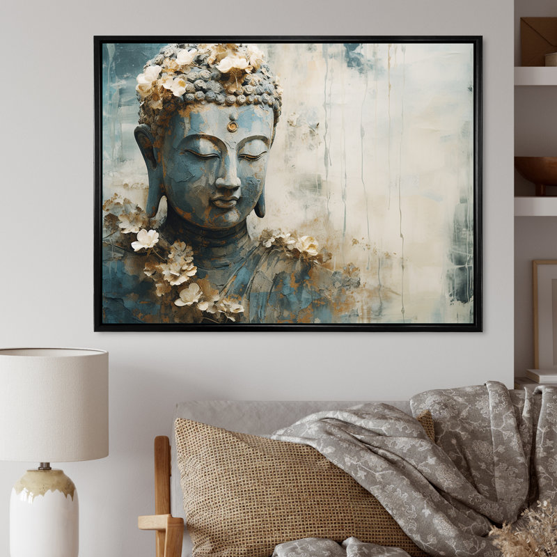 Statue de bouddhisme religieux - art mural bouddhisme, H 30 po x l 40 po x P 1,5 po, Cadre flottant noir