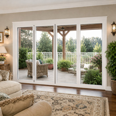 120"W x 96"H Right Outswing Double Tempered Glass White Aluminum Folding Patio Door 3+1