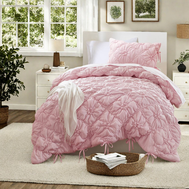 Shabby Chic Pink Bedding Sets, Cozy Microfiber Comforter For All Seasons