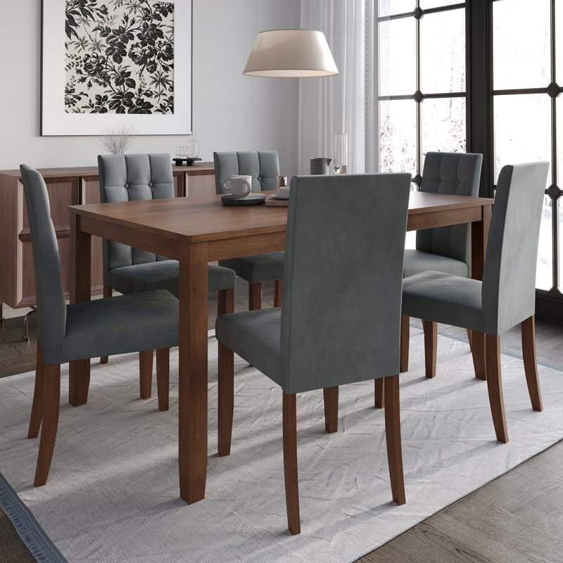 Dining Set With 59'' L Dining Table And Wooden Dining Chair, Grey, 7 Pieces: Table, 6 Chairs