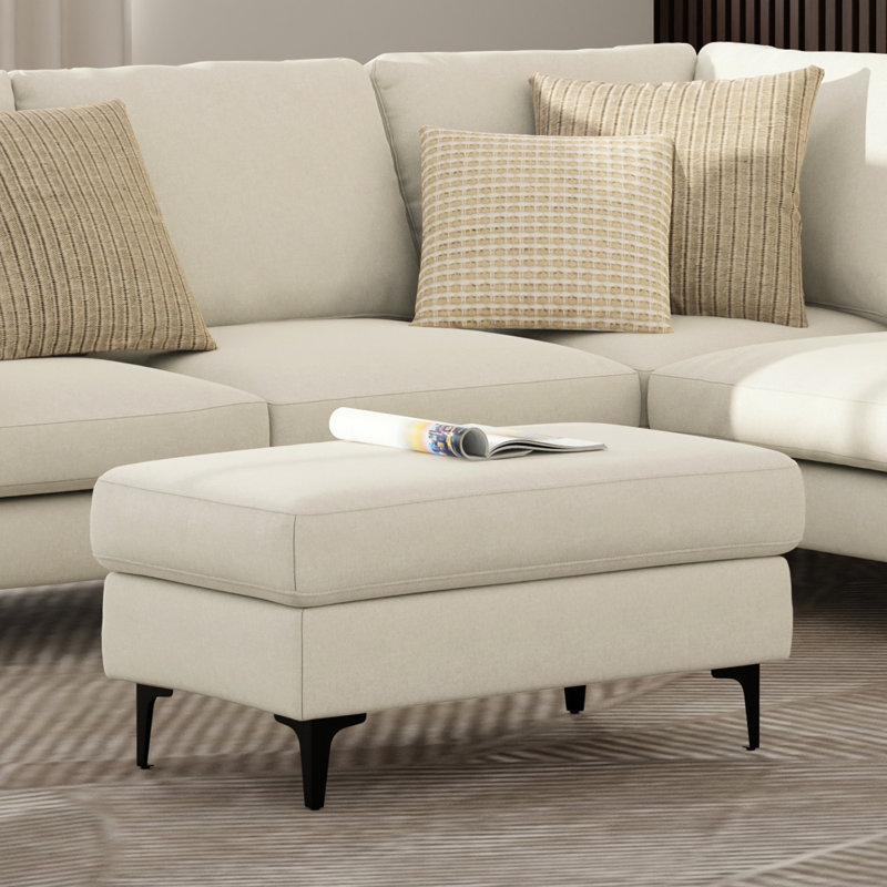 Ava Mid-Century Modern Ottoman with Performance Fabric and Metal Legs, 18" H x 36" W x 20"D, Beige