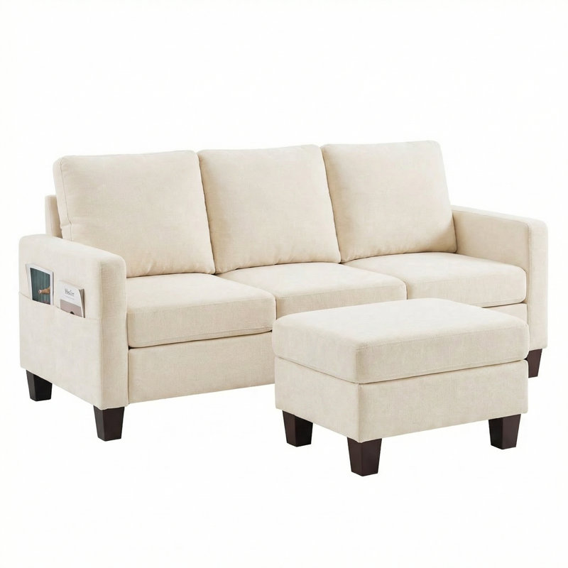 Ensemble de canapé moderne à 3 places avec repose-pieds de rangement, canapé en chenille compact pour petits espaces, structure en bois massif et poche latérale, avec repose-pieds de rangement