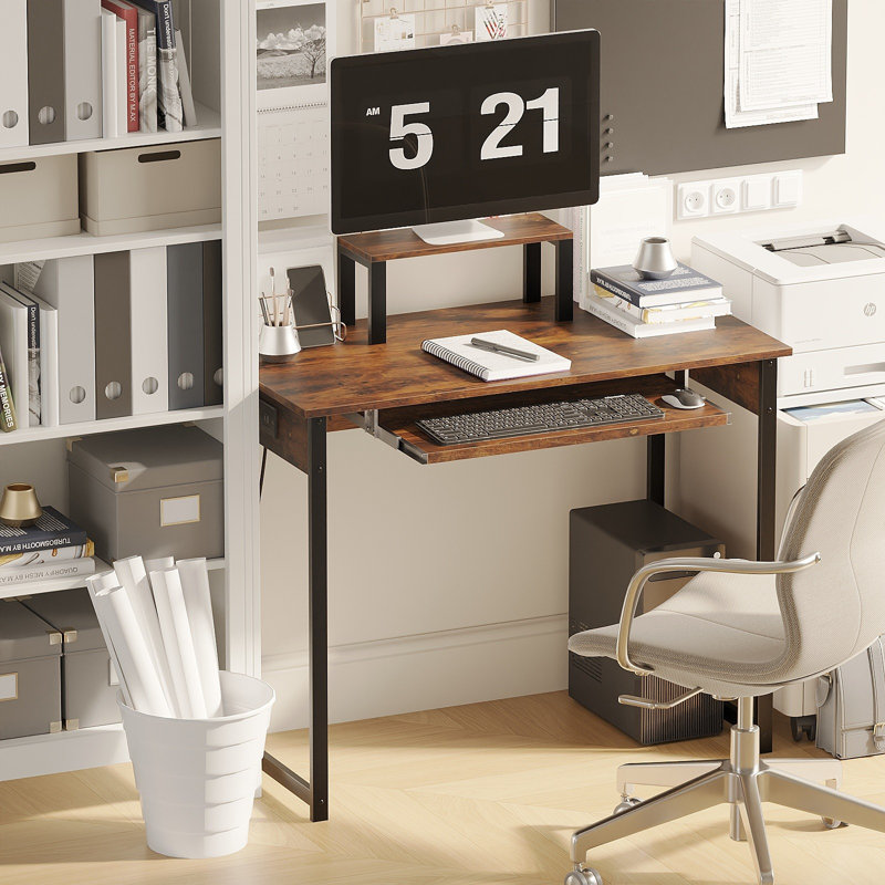 Bureau d'ordinateur moderne avec support pour écran et plateau à clavier coulissant, poste de travail compact pour adultes