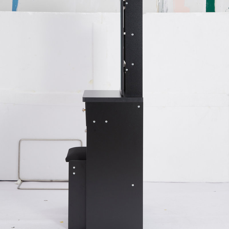 Table de coiffeuse avec tabouret rembourré et grand miroir coulissant, rangement multicouche pour les petits espaces, armoire de chevet gauche conforme à la norme UL