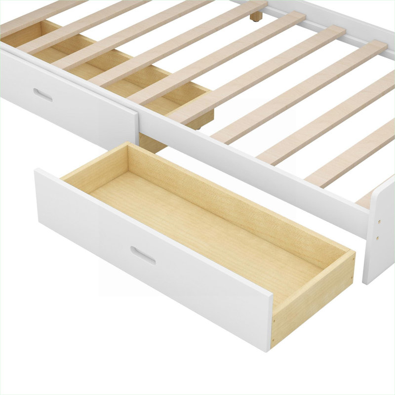 Lit plateforme simple en bois massif avec tête de lit, tablettes intégrées et tiroirs sous le lit