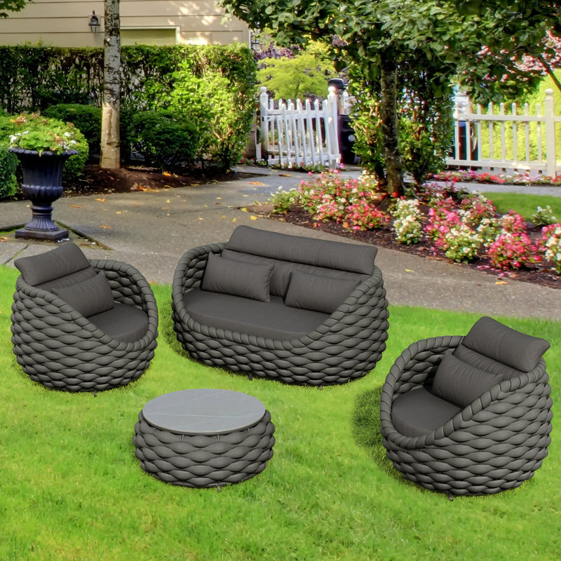 Polyester Rope 4-piece Patio Conversation Sofa Set, Dark Gray