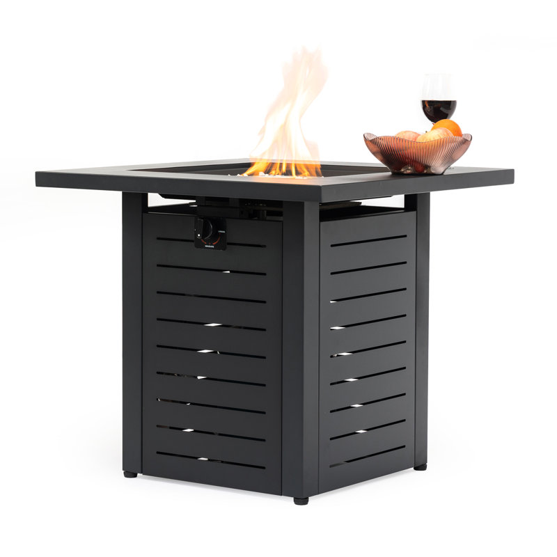 Foyer au propane carré en acier de 28 pouces, 50000, approuvé, extérieur pour terrasse, avec perles de verre et table de protection 28 pouces, cadre, brûleur en acier inoxydable, allumeur électronique, vent