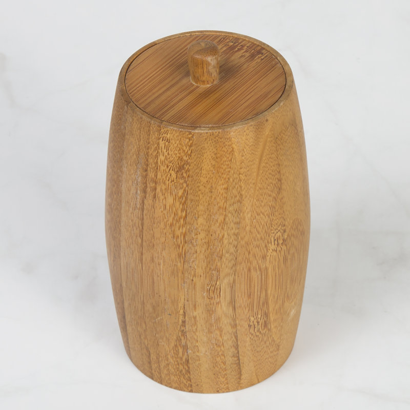 Natural Bamboo Cotton Swab Holder Rustic Barrel-Shaped Storage Jar for Cotton Balls Cotton Swabs Bathroom Essentials Eco-Friendly and Stylish Vanity Organizer