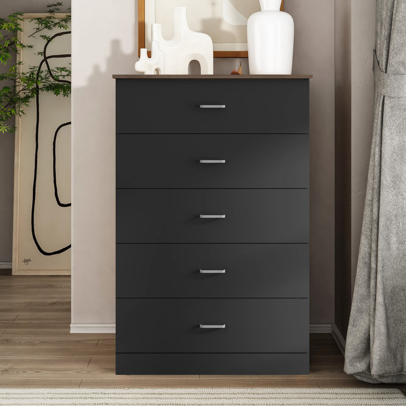 Commode 5 tiroirs Allyannah, Noir / chêne noueux