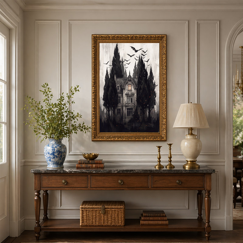 Art mural sur toile gothique avec chauves-souris volantes et cyprès, H 30 po x l 20 po