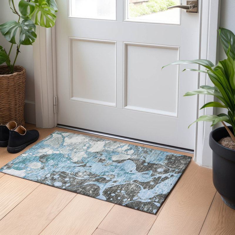 Machine Washable Indoor/Outdoor Xhevrie Blue Rug, Rectangle 1'8" x 2'6"
