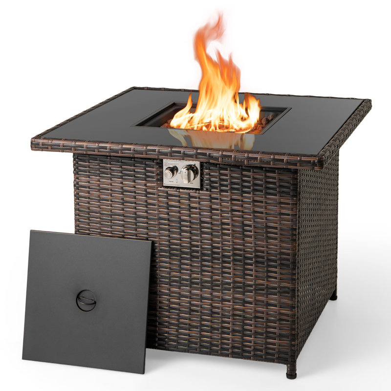 32.5" Propane Fire Pit Table Outdoor Wicker Gas Firepit with Stainless Steel Burner Brown, Brown