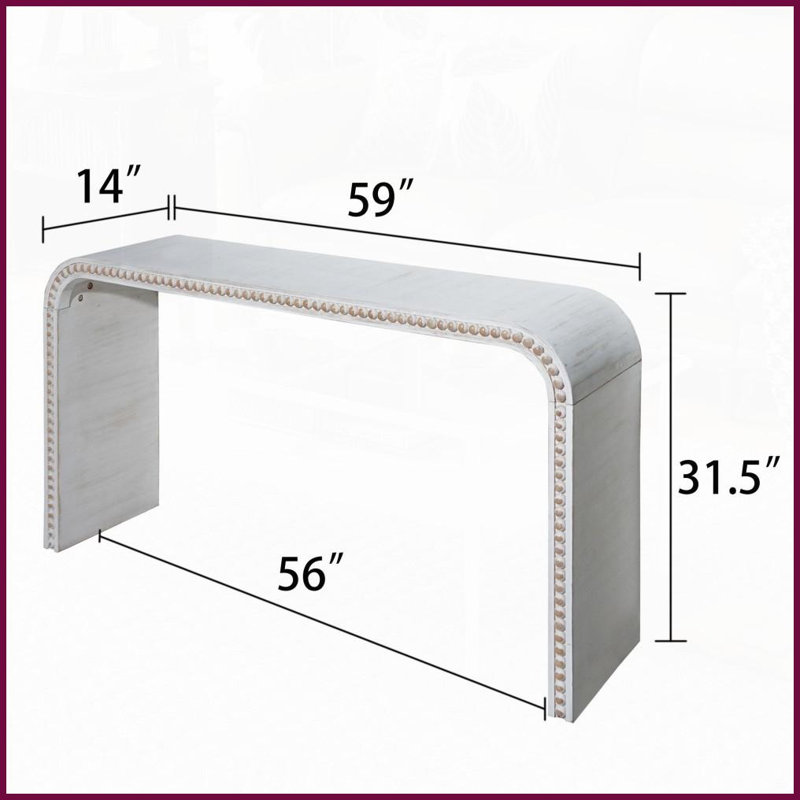 Washed White 59in Coffee Table with Curved Beaded Design, Space-Saving for Entryway, Living Room &amp; Hallway, White