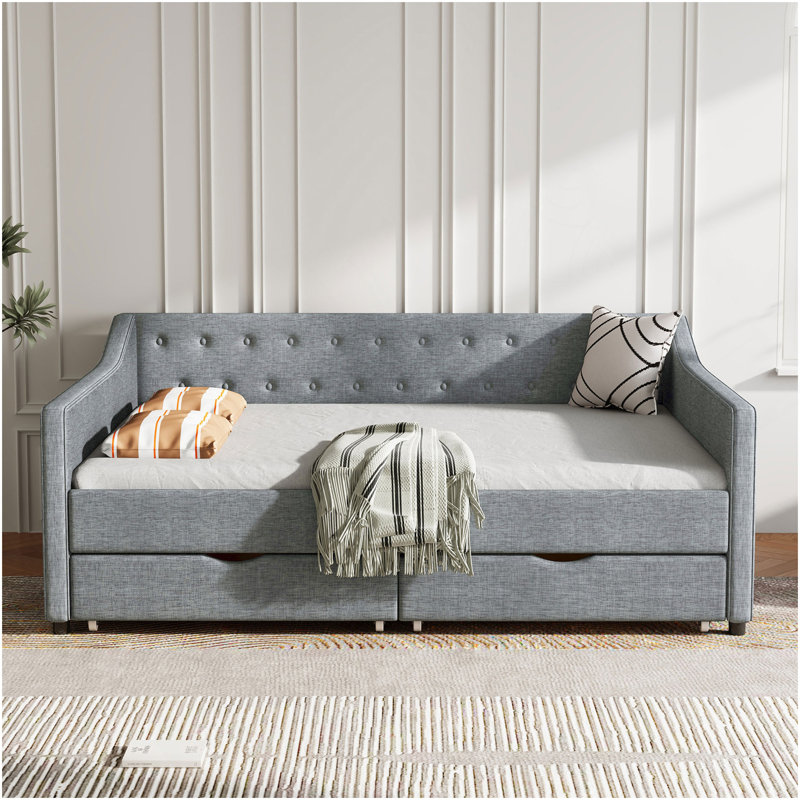 Full Size Daybed With Drawers Upholstered Tufted Sofa Bed, With Button On Back And Piping On Waved Shape Arms-Light Grey