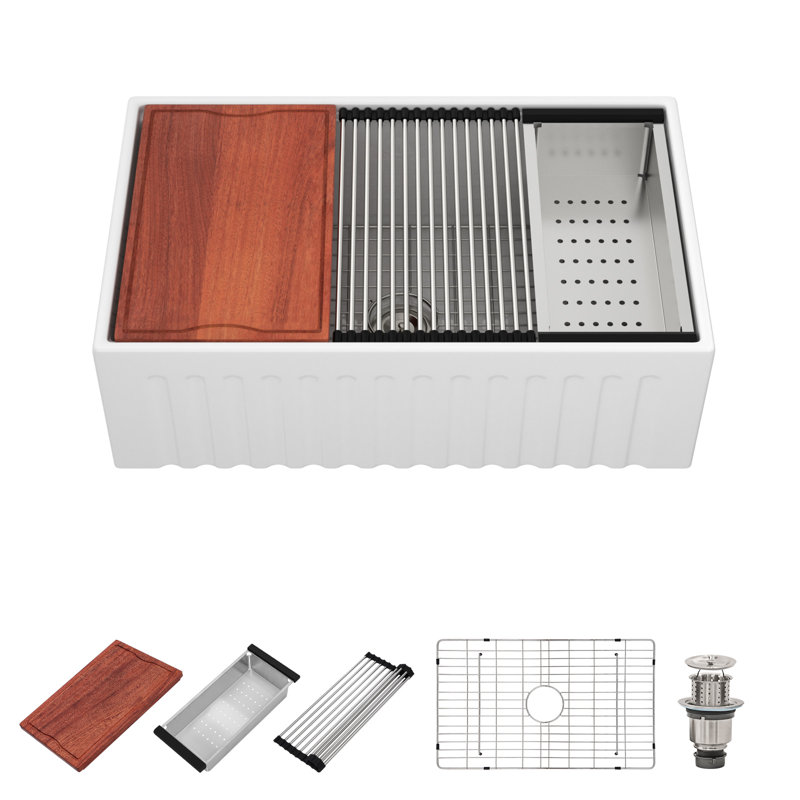 Évier de cuisine rectangulaire 33 po x l 20 po à tablier rectangulaire en céramique avec accessoires, Blanc