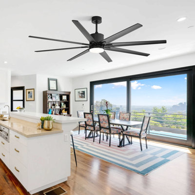 Industrial Dc Motor Ceiling Fan No Light, Large Ceiling Fan With 8 Reversible Blades, 3 Downrods, 6-Speed Remote Control, Home Or Commercial Ceiling Fans For Porch/Garage/Shop