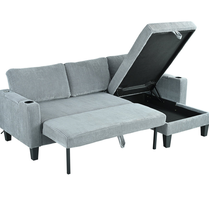 Gray Corduroy L-Shaped Sleeper With Reversible Design, Storage Chaise, And Charging For Living Room Office - 80.95 In Depth, 50.94 Width, 34.04 Height, 111.95 Lb Weight Arm Storage, Built-In Ports