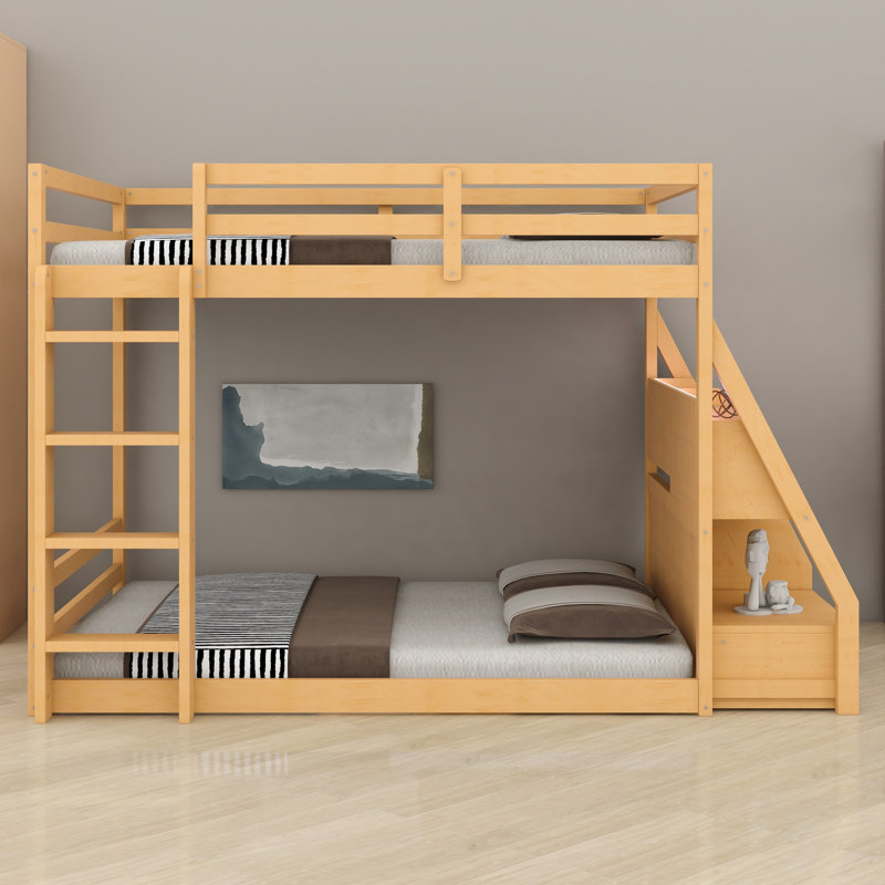 Bunk Bed with APP-Controlled 7-Color LED Lights, USB Ports, Shelves and 2  Drawers, Natural