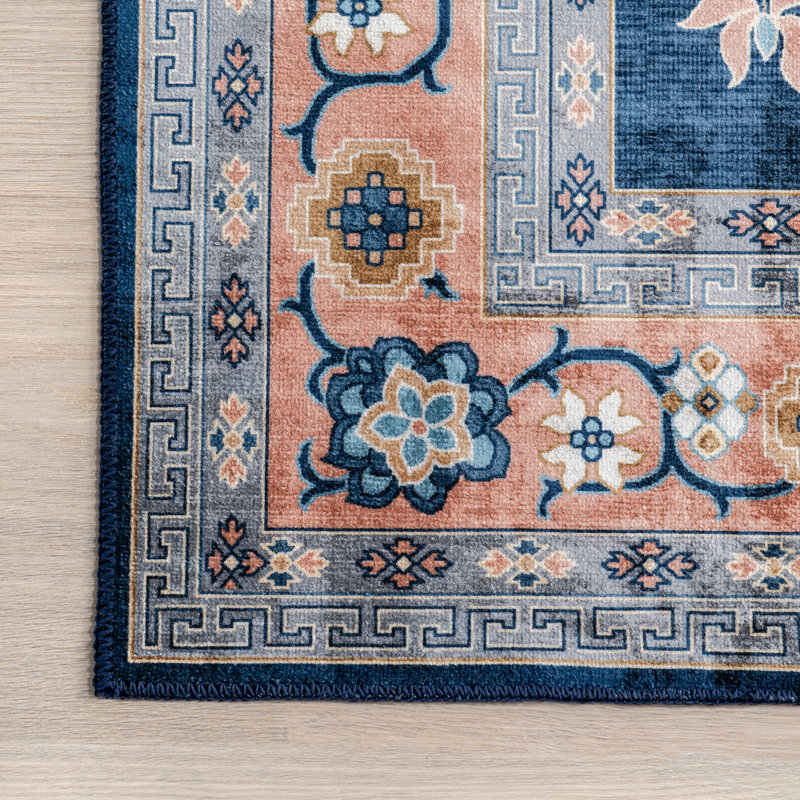 Tapis bleu en polyester tissé à la machine Grishilde, Tapis de couloir 2 pi 6 po x 8 pi