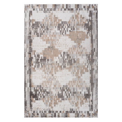 5' X 8' Cream and Brown Abstract Distressed Area Rug