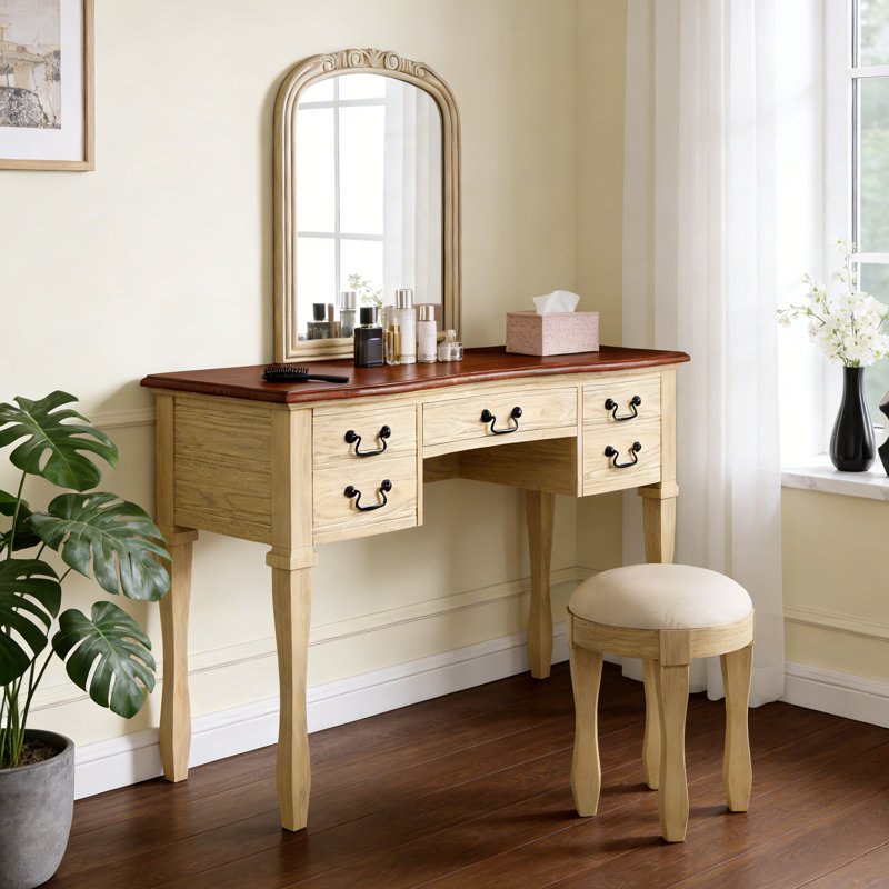 Kyranox 46" Vintage Makeup Vanity with Curved Floral Mirror, 5 Drawers  & Leather Stool