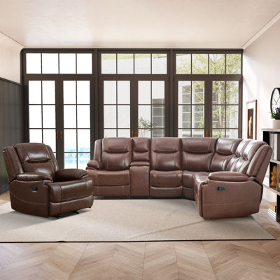 Ensemble de salon inclinable en cuir véritable de qualité supérieure 2 pièces avec canapé modulaire manuel et inclinable de 37,4 po Cahill avec console de rangement et porte-gobelets Cahill
