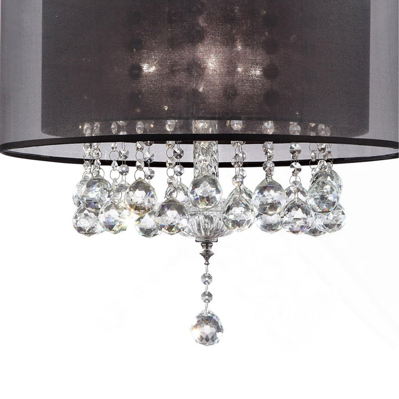 19" Tall Ceiling Lamp "Effleurer", Silver And Crystal Accents, Black Shade