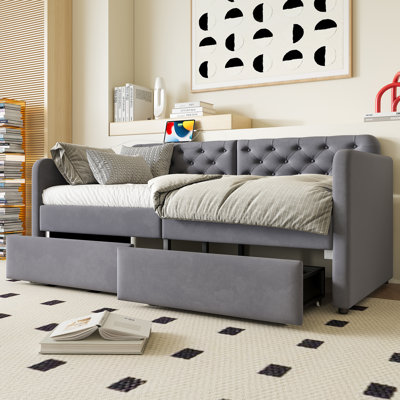 Twin Size Upholstered Bouclé Storage Bed with Headboard, 2 Drawers, 2 USB Ports, Solid Wood Slats, Grey