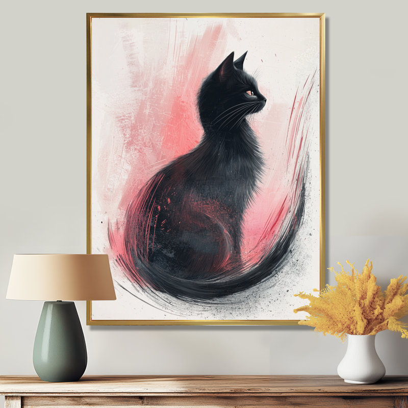 «Black and Pink Feline Grace - Cat Large», art mural, H 44 po x l 34 po, Reproduction avec cadre flottant, Doré