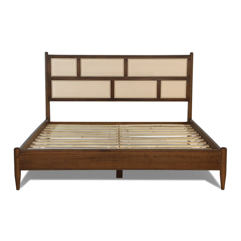 King Size Brushed Walnut Pine Wood Bed with Cane Headboard
