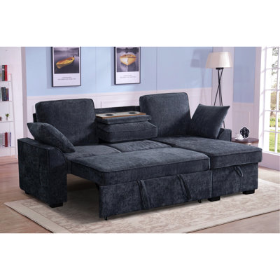 Canapé modulaire en chenille gris foncé à 3 places avec rangement convertible, plateau amovible et dossiers réglables pour un ensemble de porte-gobelets modulables