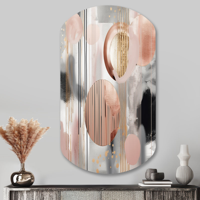 Pink Stripes And Lines Modern Art II - Transitional Shapes Asymmetrical Metal Wall Art, Pink Cylinder Metal Art Print