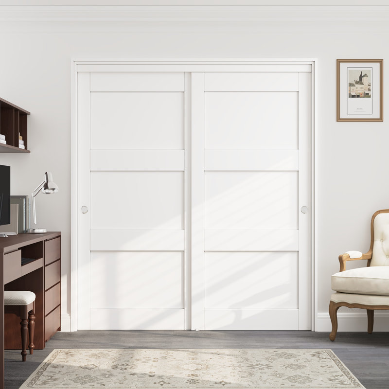  80" 3-lite White Sliding Closet Door and Solid Manufactured Wood with Installation Hardware Kit & Handle, 72" x 80"