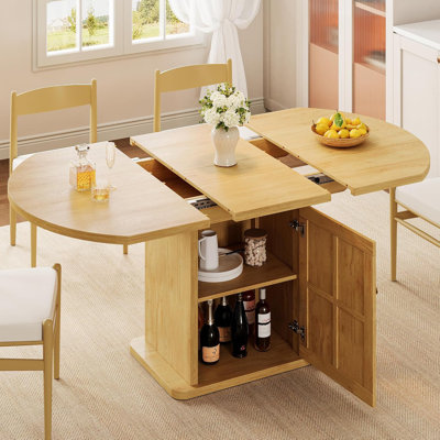 59" Extendable Round Dining Table for 4-6 with 2-Tier Storage, Oak