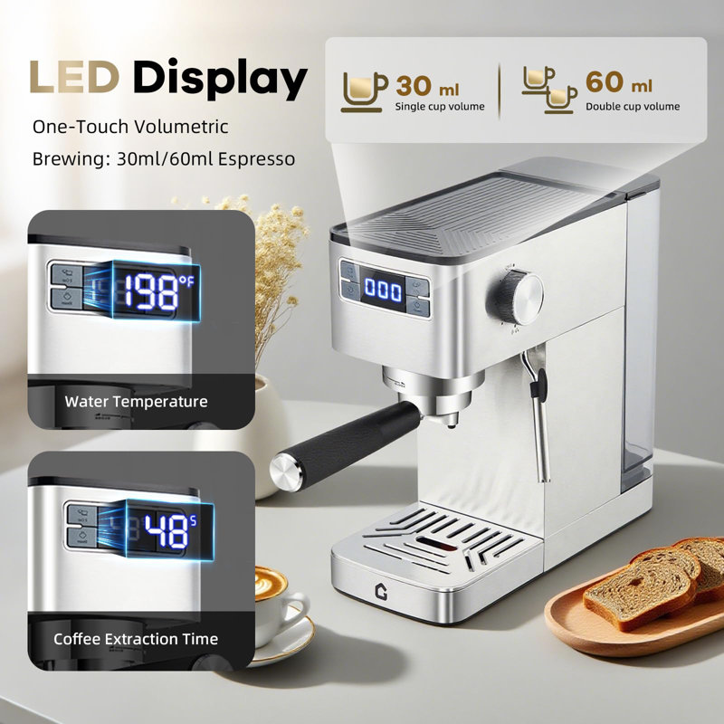20 Bar Semi-Automatic Espresso Machine – Italian Style Stainless Steel with Integrated Adjustable Grinder & Milk Frother, Removable Water Tank, Compact Home Coffee Maker (Silver)