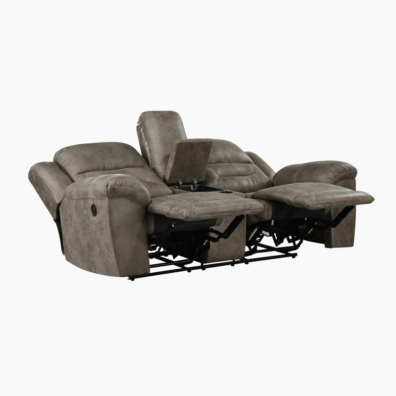 Hamisi 81" Transitional Polished Microfiber Manual Double Reclining Loveseat with Center Storage Console & Integrated Cup Holders