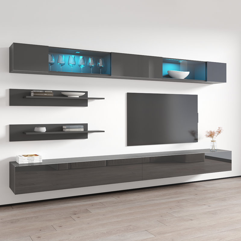 Chanera 126" Modern Floating Wall Mounted Entertainment Center with 16-Color LED Lighting, High Gloss Finish, Gray