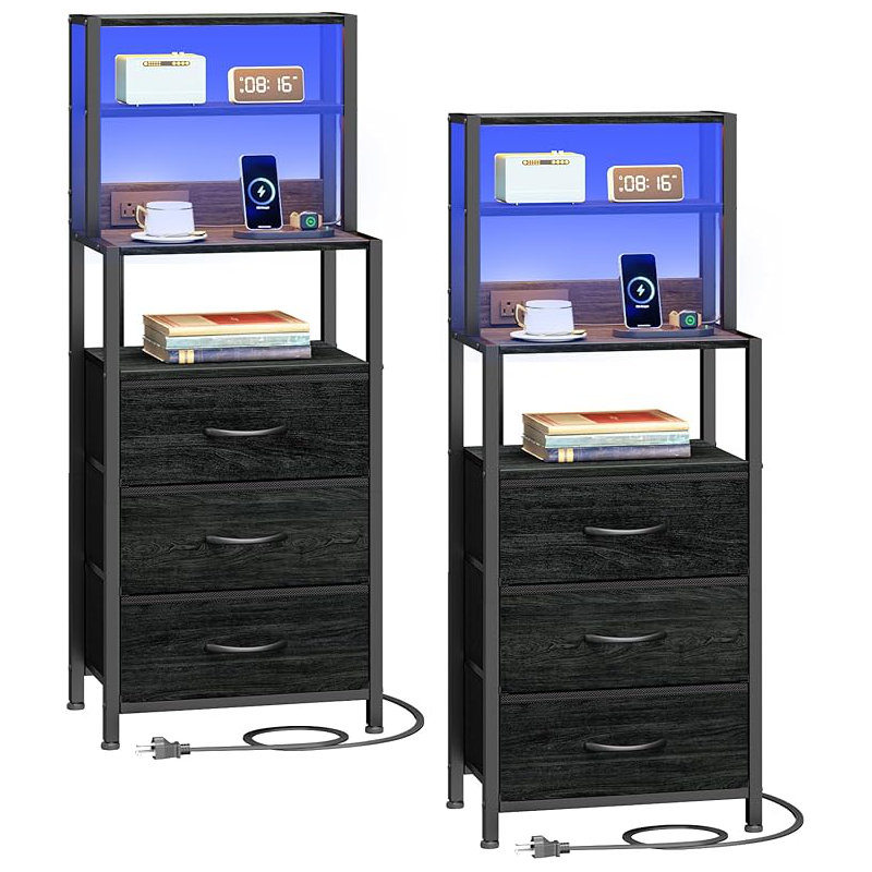 Set of 2 LED Charging Nightstands, Tall Bedside Tables with 3 Drawers & 3 Open Shelves Each, 2 Outlets & 2 USB Ports, 4-Color Light Tube