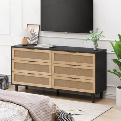 Armoire de rangement polyvalente en rotin avec six tiroirs et glissières blanches