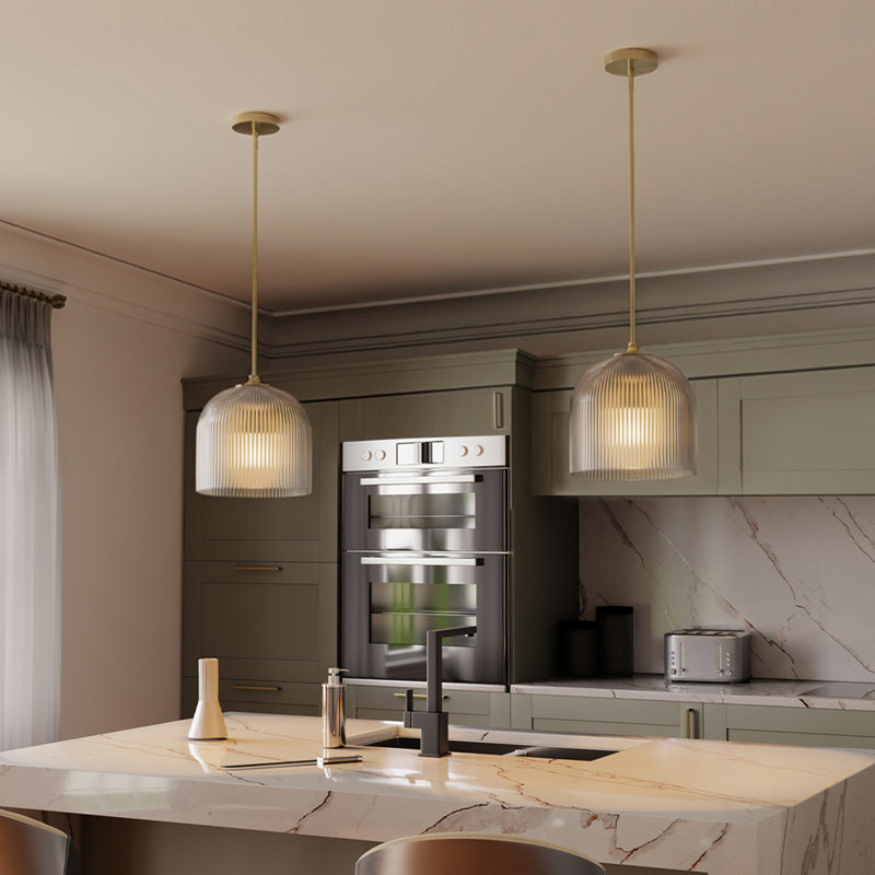 Luminaire suspendu 1 lumière en verre nervuré avec détails en laiton mat