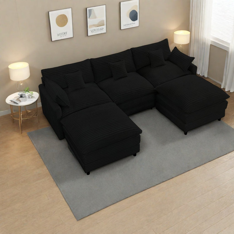 Élégant ensemble de canapé modulaire en velours côtelé, en forme de U noir, pièces spacieuses