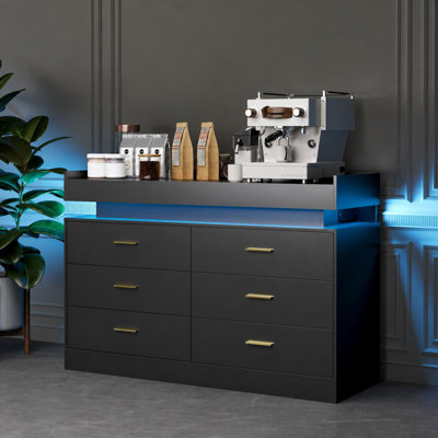 Commode 6 tiroirs avec bureau flottant et armoire de rangement avec prise de courant avec lumières à DEL, commode large avec station de charge, rangement pour chambre à coucher, garde-robe, salon